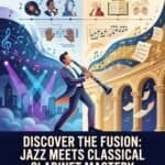 Clarinet in Jazz-Influenced Classical Music: History, Repertoire & Technique Vibrant illustration of jazz and classical music elements, featuring a clarinet player, musical notes, and legendary composers, promoting mastery in clarinet performance by Martin Freres.