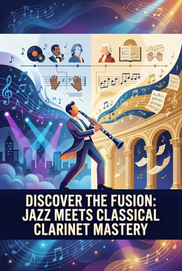 Clarinet in Jazz-Influenced Classical Music: History, Repertoire & Technique 1 Vibrant illustration of jazz and classical music elements, featuring a clarinet player, musical notes, and legendary composers, promoting mastery in clarinet performance by Martin Freres.