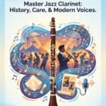 Clarinet in Jazz Festivals: History, Care, Repertoire & Modern Voices Vintage jazz clarinet with musical notes, concert scene, and band performing, emphasizing quality clarinet craftsmanship and musical heritage.