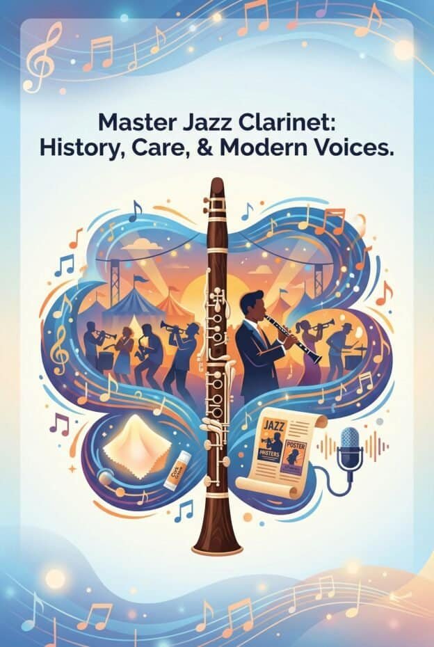Vintage jazz clarinet with musical notes, concert scene, and band performing, emphasizing quality clarinet craftsmanship and musical heritage.