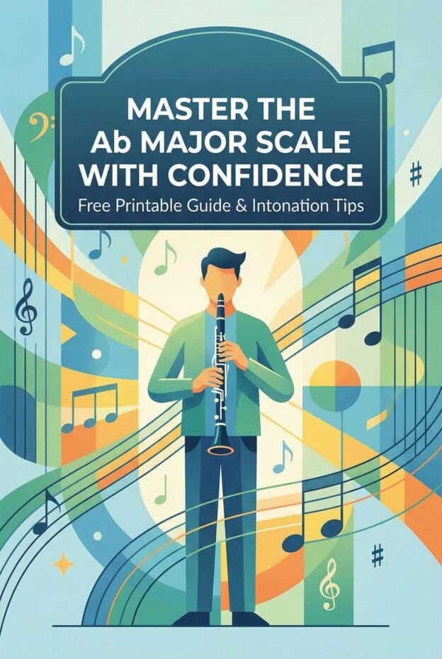 Graphic of a person playing a wind instrument with musical notes and colorful musical staff lines in the background.