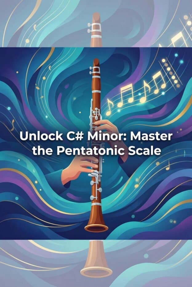 Bright colorful digital art of a person playing flute with musical notes.