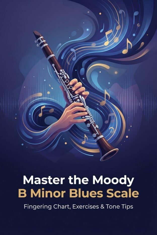 B Minor Blues Scale Clarinet Fingering Chart, Exercises & Tone Tips 1 Colorful illustration of a hand playing a woodwind instrument with musical notes and swirls.