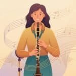 Clarinet Stand and Strap Guide: Comfort, Stability & Smart Buying Tips Illustration of a woman playing clarinet, promoting clarity, sound quality, comfort, and stability in clarinet performance. Perfect for the Martin Freres Company’s musical instrument branding.