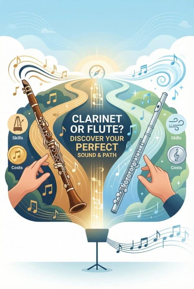 A creative illustration showing two musical instruments, a clarinet and a flute, with hands pointing to each, symbolizing choices for musical sound and path discovery, emphasizing skills and costs in musical training.