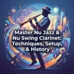 Clarinet in Nu Jazz and Nu Swing: Techniques, Setup, and History High-quality image of a jazz clarinet player with colorful abstract cityscape background, highlighting jazz and swing music. Perfect for promoting jazz clarinet techniques, setup, and history content.