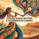 The Clarinet in Ethno-Jazz: History, Techniques & Global Styles Young woman playing the clarinet with colorful musical instruments and patterns in a lively, artistic scene emphasizing jazz, music, and global rhythms recognition.