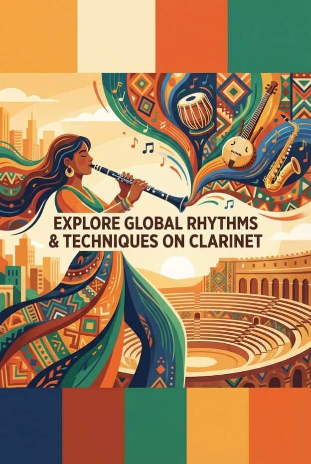 Young woman playing the clarinet with colorful musical instruments and patterns in a lively, artistic scene emphasizing jazz, music, and global rhythms recognition.