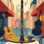 Clarinet in Jazz Manouche: History, Technique, Gear & Key Recordings A colorful illustration featuring a clarinet with musical notes, a guitar, and a double bass in a city street setting, promoting mastering the clarinet in jazz style.