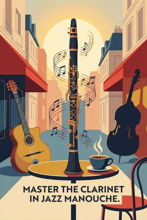 A colorful illustration featuring a clarinet with musical notes, a guitar, and a double bass in a city street setting, promoting mastering the clarinet in jazz style.
