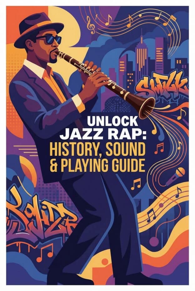 A vibrant illustration of a jazz musician playing the clarinet against a city skyline, emphasizing jazz history and sound, perfect for SEO related to jazz, music guides, and jazz culture.
