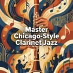 Clarinet in Chicago-Style Jazz: History, Sound, Technique & Gear Guide Colorful illustration of a clarinet surrounded by musical notes and jazz musicians, representing a masterclass in Chicago-style jazz clarinet playing, perfect for jazz enthusiasts.