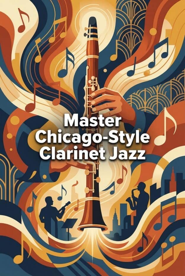 Clarinet in Chicago-Style Jazz: History, Sound, Technique & Gear Guide 1 Colorful illustration of a clarinet surrounded by musical notes and jazz musicians, representing a masterclass in Chicago-style jazz clarinet playing, perfect for jazz enthusiasts.