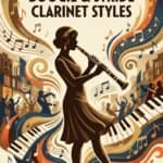 Vintage jazz band with a woman playing clarinet, colorful musical notes, and lively street scene, emphasizing master ragtime, boogie, and stride clarinet styles for music enthusiasts.