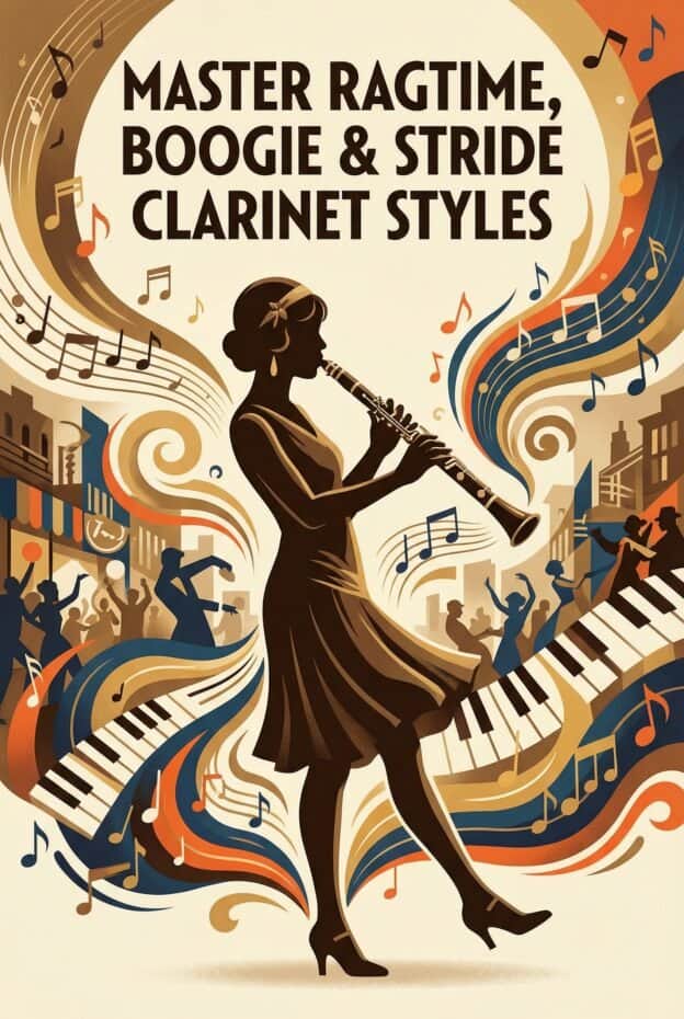 Clarinet in Ragtime, Boogie-Woogie and Stride: Style, Technique and Listening Guide 1 Vintage jazz band with a woman playing clarinet, colorful musical notes, and lively street scene, emphasizing master ragtime, boogie, and stride clarinet styles for music enthusiasts.