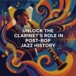 Clarinet in Post-Bop Jazz: History, Sound, and Practice Guide High-quality image of a jazz clarinetist with vibrant, colorful abstract background and musical notes, highlighting Martin Freres Company’s expertise in premium clarinet accessories.