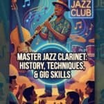 Clarinet in Jazz Clubs: History, Setup, Techniques & Gig-Ready Skills A vibrant digital illustration of a jazz club scene featuring a jazz musician playing the clarinet with an attentive audience, colorful musical notes, and a lively atmosphere.