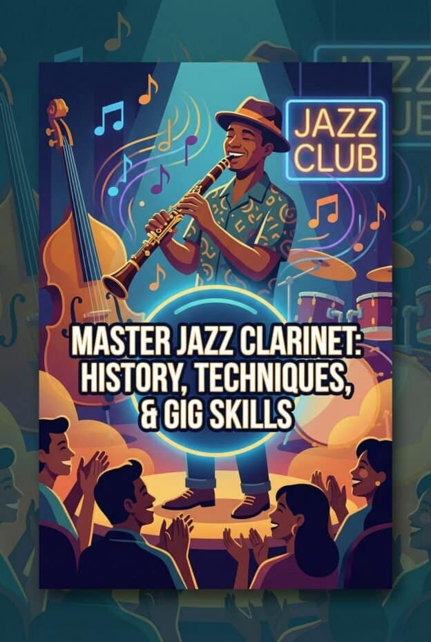 A vibrant digital illustration of a jazz club scene featuring a jazz musician playing the clarinet with an attentive audience, colorful musical notes, and a lively atmosphere.