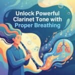 Clarinet Breathing Exercises: Complete Guide To Air, Endurance & Tone Clear, colorful illustration of a woman playing a clarinet, with musical notes and lungs depicted in a vibrant, artistic style, symbolizing proper breathing techniques for better tone.