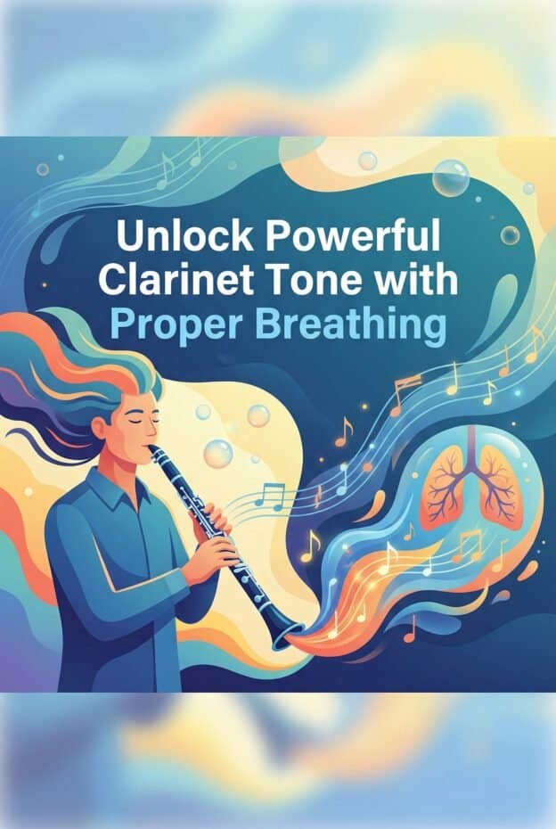 Clear, colorful illustration of a woman playing a clarinet, with musical notes and lungs depicted in a vibrant, artistic style, symbolizing proper breathing techniques for better tone.