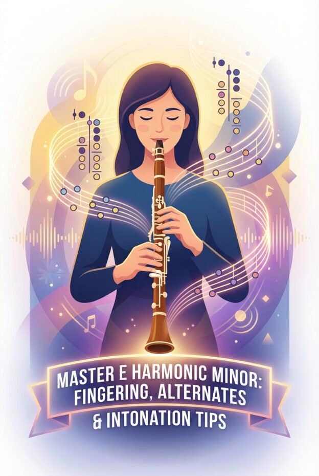 E Harmonic Minor Clarinet Fingering: Chart, Alternates & Intonation Tips 1 A digital illustration of a woman playing the clarinet surrounded by musical notes and abstract sound waves, emphasizing texture, harmony, and musical training.