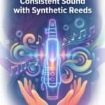 Martin Freres Clarinet Synthetic Reeds: Features, Longevity & Player Guide Close-up of synthetic reed for clarinet with music notes in the background, showcasing Martin Freres Company’s premium musical instrument reeds.