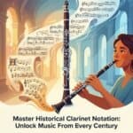 Historical Clarinet Notation: Reading and Interpreting Music Across the Centuries Elegant clarinet player in historic halls, showcasing classical music and sheet music, representing the rich tradition and mastery of clarinet notation from various centuries.