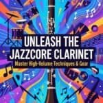 Colorful jazz clarinet artwork emphasizing high-volume techniques and gear for musicians and enthusiasts.