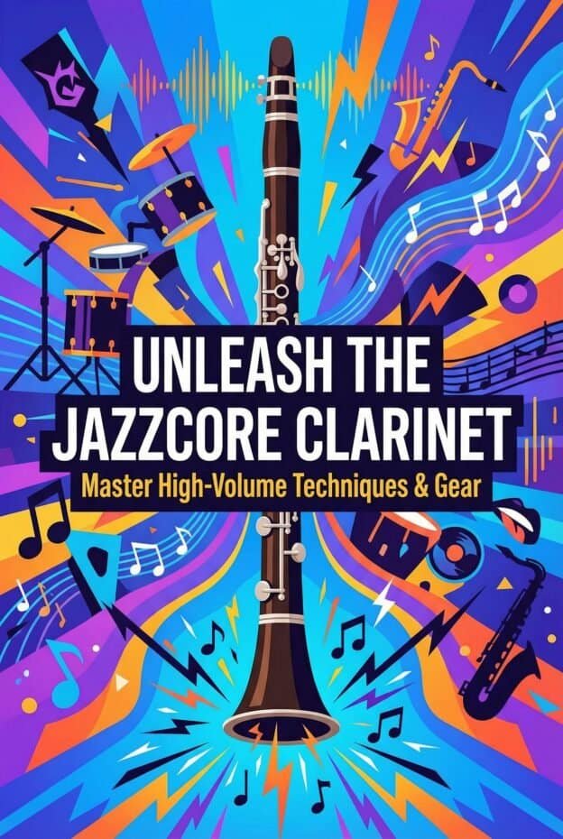 Colorful jazz clarinet artwork emphasizing high-volume techniques and gear for musicians and enthusiasts.