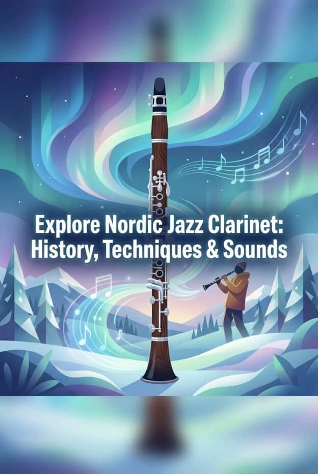 A digital illustration of a clarinet surrounded by musical notes and winter scenery, emphasizing Nordic jazz music, clarinet techniques, and sound exploration.