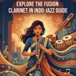Clarinet in Indo-Jazz: History, Techniques, Setup & Repertoire Guide Vibrant illustration of an Indian woman playing the clarinet, blending traditional attire with jazz music elements, colorful music notes, and instruments for a cultural fusion vibe.