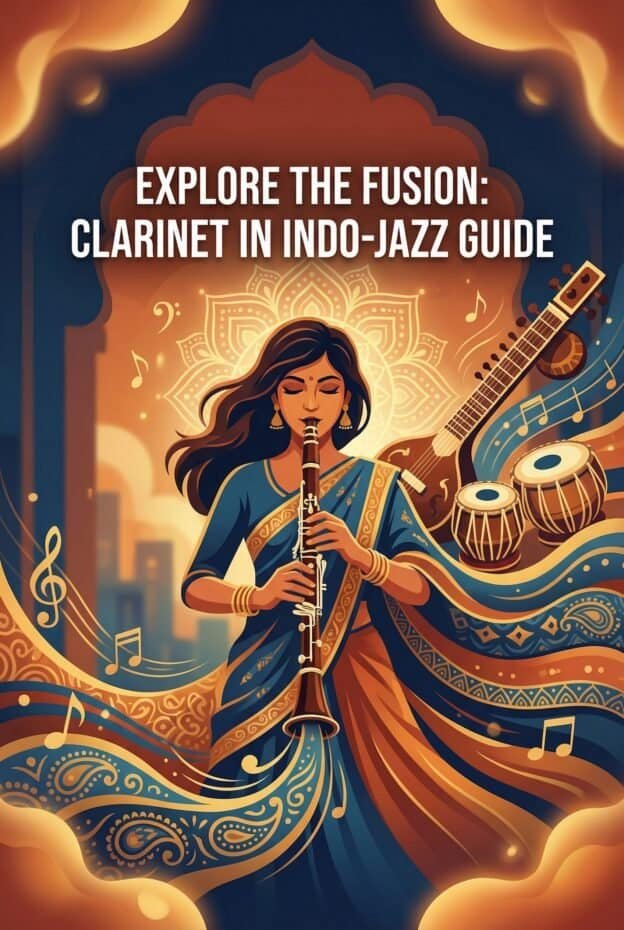 Vibrant illustration of an Indian woman playing the clarinet, blending traditional attire with jazz music elements, colorful music notes, and instruments for a cultural fusion vibe.