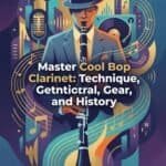 Clarinet in Cool Bop: Technique, History, Gear & Practice Guide A stylized digital illustration of a jazz clarinet player with cityscape and musical elements, emphasizing clarinet techniques and music history. Perfect for music education and jazz appreciation content.