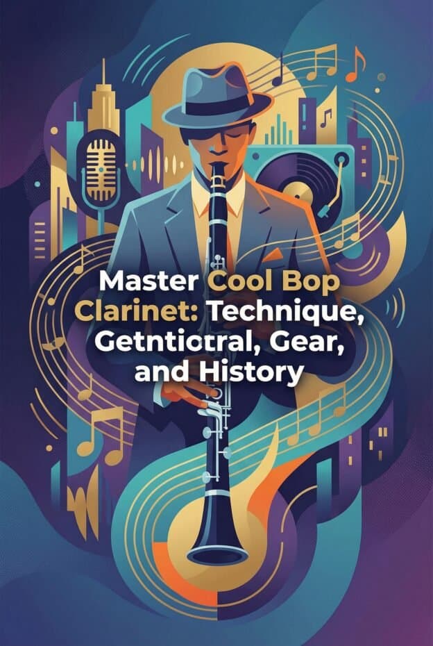 Clarinet in Cool Bop: Technique, History, Gear & Practice Guide 1 A stylized digital illustration of a jazz clarinet player with cityscape and musical elements, emphasizing clarinet techniques and music history. Perfect for music education and jazz appreciation content.