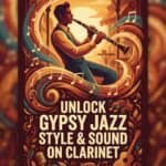 Clarinet in Gypsy Jazz: Style, Sound and Practice for Serious Players Vibrant illustration of a man playing the clarinet in a cozy, artistic setting, emphasizing jazz music, musical performance, and vintage musical culture.