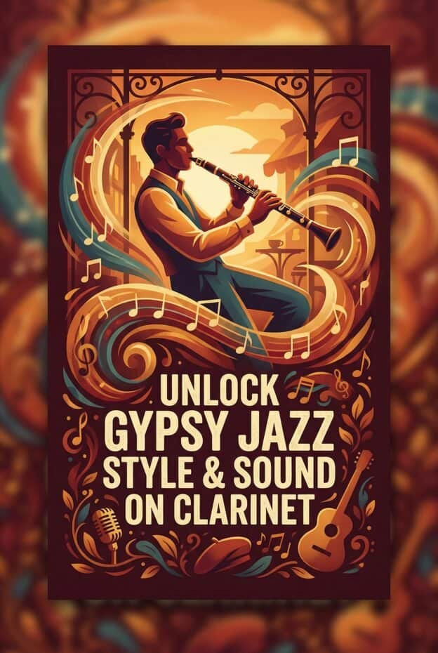 Clarinet in Gypsy Jazz: Style, Sound and Practice for Serious Players 1 Vibrant illustration of a man playing the clarinet in a cozy, artistic setting, emphasizing jazz music, musical performance, and vintage musical culture.