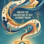 Clarinet in Jazz Radio History: Landmark Broadcasts, Players & Sound Stylized jazz-themed illustration featuring clarinet players, microphones, radio towers, and musical notes, promoting the golden age of jazz clarinet radio entertainment.