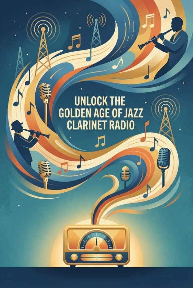 Stylized jazz-themed illustration featuring clarinet players, microphones, radio towers, and musical notes, promoting the golden age of jazz clarinet radio entertainment.