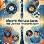 Clarinet in Jazz Record Label History: Sessions, Sound & Preservation Vibrant illustration highlighting jazz clarinet, vinyl records, microphone, and headphones, promoting Martin Freres Company's legacy of quality musical instrument manufacturing and record preservation.