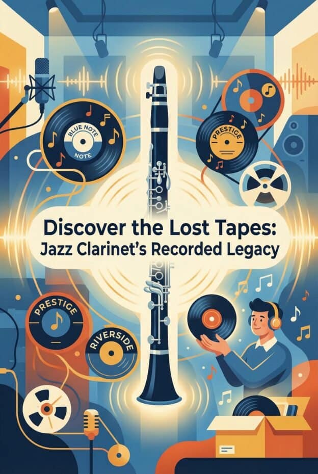 Vibrant illustration highlighting jazz clarinet, vinyl records, microphone, and headphones, promoting Martin Freres Company's legacy of quality musical instrument manufacturing and record preservation.