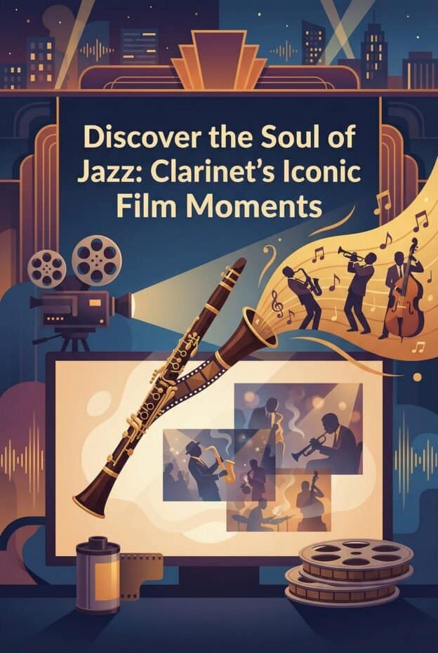 Clarinet in Jazz Documentary Films: History, Sound, and Iconic Moments 1 Vintage jazz clarinet with film reels and music notes, highlighting classic jazz film moments and clarinet performances in a cinematic setting.
