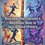 Clarinet in Jazz-Influenced Dance History: From Charleston to Electro-Swing Colorful illustration showcasing jazz dancers and a clarinet, emphasizing the instrument's role in jazz dance evolution from Charleston to electro-swing.