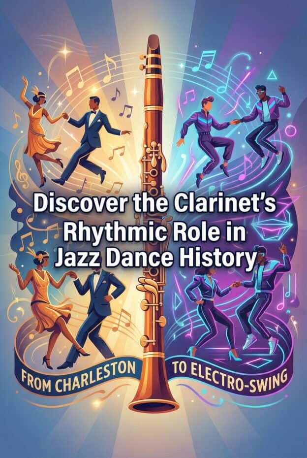 Colorful illustration showcasing jazz dancers and a clarinet, emphasizing the instrument's role in jazz dance evolution from Charleston to electro-swing.