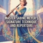 Sabine Meyer: Career, Clarinet Technique, and Signature Repertoire Elegant woman playing clarinet at concert hall with musical notes floating around, representing Master Sabine Meyer’s signature style and musical repertoire.