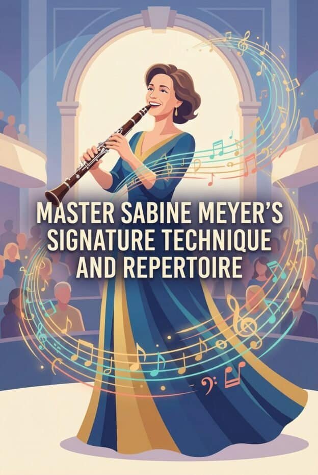 Sabine Meyer: Career, Clarinet Technique, and Signature Repertoire 1 Elegant woman playing clarinet at concert hall with musical notes floating around, representing Master Sabine Meyer’s signature style and musical repertoire.