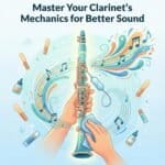 Clarinet Key Mechanism: Anatomy, Care, and Playing Impact A detailed illustration emphasizing clarinet mechanics, repair, and cleaning for musicians and instrument technicians.