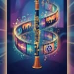 Clarinet in Film Scores: Role, Techniques, Synchronization and Sound A vibrant illustration showcasing a clarinet intertwined with a film strip, musical notes, and sound waves, emphasizing its significance in movie scores and cinematic storytelling.