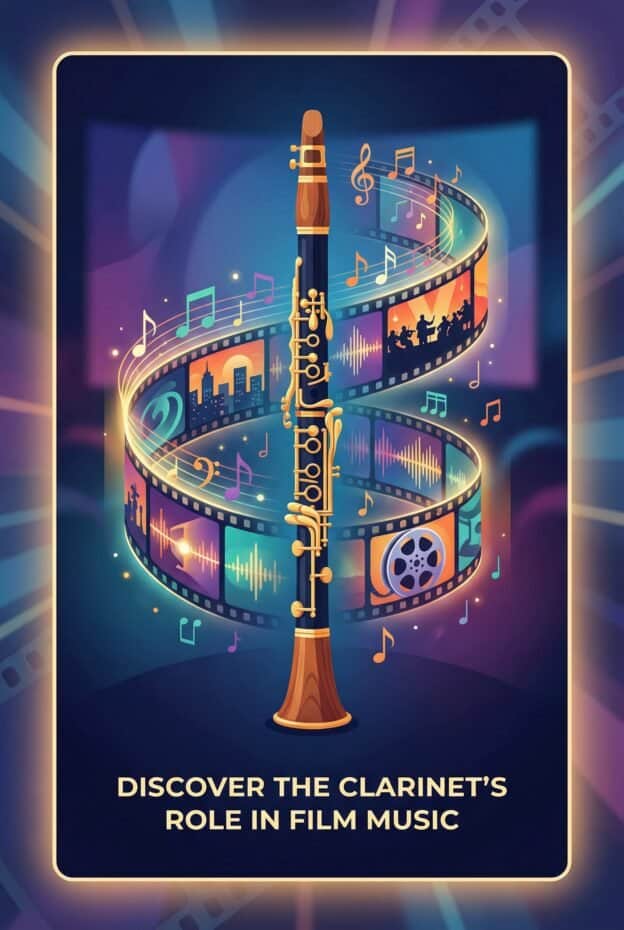 Clarinet in Film Scores: Role, Techniques, Synchronization and Sound 1 A vibrant illustration showcasing a clarinet intertwined with a film strip, musical notes, and sound waves, emphasizing its significance in movie scores and cinematic storytelling.