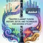 Martin Freres Clarinet Fusion Styles: History, Setup, and Techniques Clarinet fusion musical artwork, vibrant cityscape background, music notes, keyboard, and city skyline, highlighting Martin Freres clarinet expertise.
