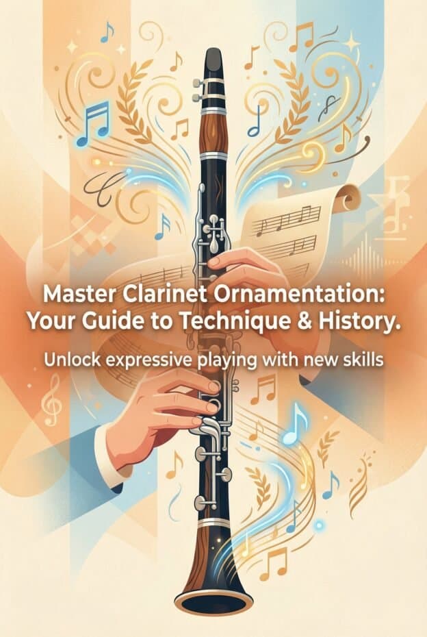 Intricate clarinet with musical notes and sheet music, demonstrating ornamentation techniques for expressive playing, perfect for musicians seeking to enhance their clarinet skills.